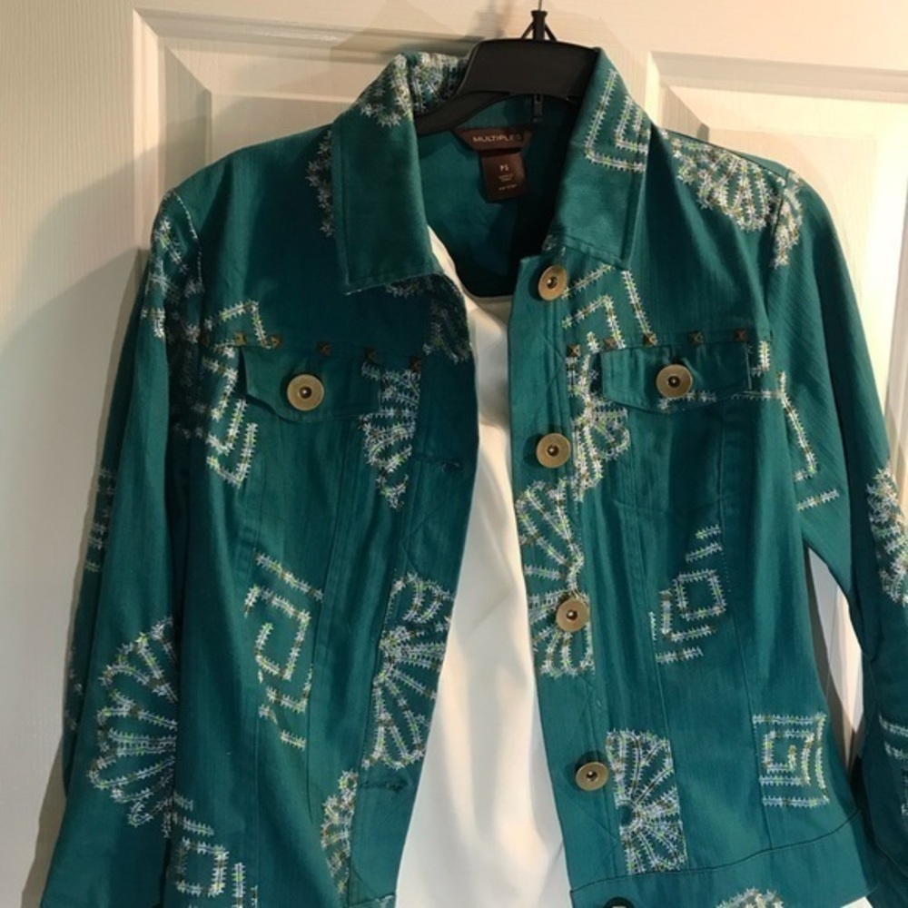 Multiples Beautiful Embroidered Teal Turquoise Green denim style Jacket Coat